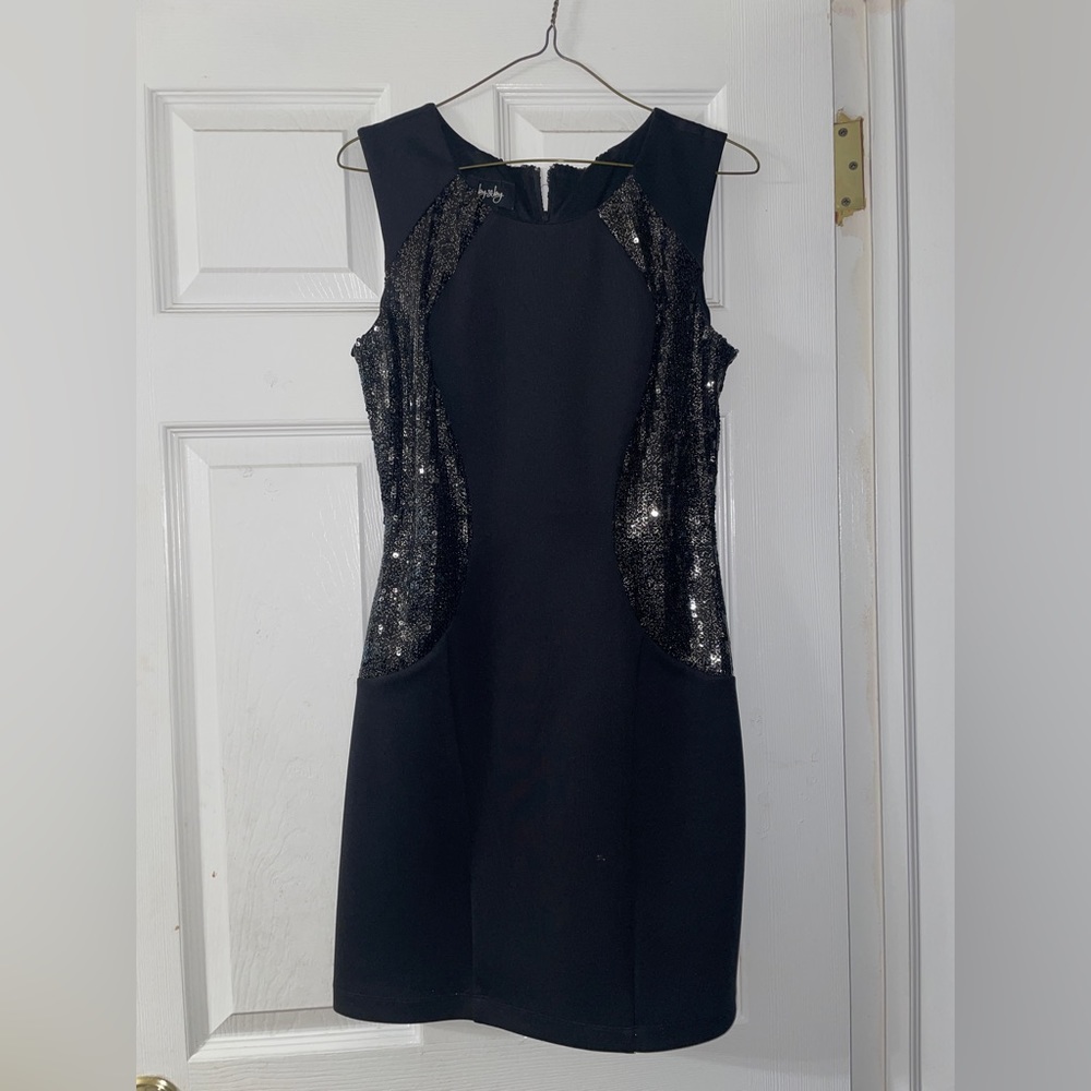Black Bodycon Sleeveless Party Dinner Dress with Black and Gold Sequins - Picture 1 of 3